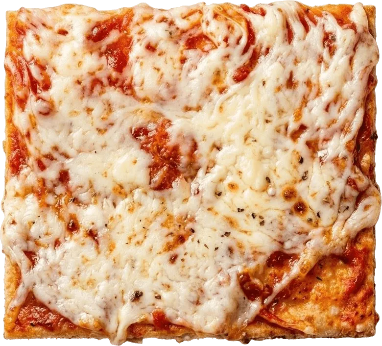 Porción cuadrada de pizza Margherita, con tomate y mozzarella fundida.